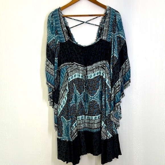 Free People - Heart Of Gold Bohemian Fit & Flare Charcoal & Teal Mini Dress SM - Picture 9 of 12
